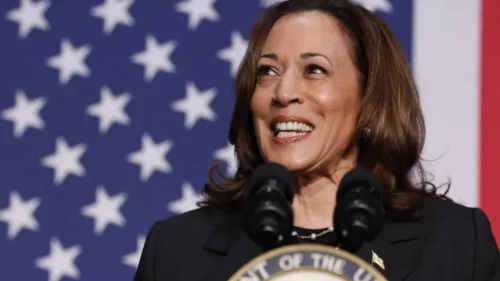 Vice President Kamala Harris speaks during a political event at the Air Zoo Aerospace & Science Experience in Portage, Michigan, on July 17, 2024 (Jeff Kowalsky/Getty Images).