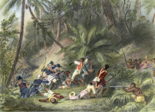 Illustration depicting Francois Dominique Toussaint L’Ouverture participating in the successful revolt against French power in St. Dominique (Haiti). Hand-colored engraving. (Bettman/Getty)