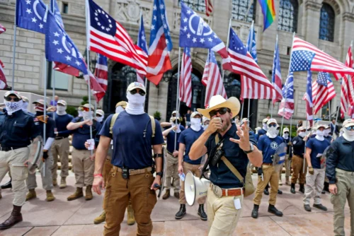 The white supremacist group, The Patriot Front, in Boston in 2022. (Stuart Cahill / MediaNews via Getty Images file)
