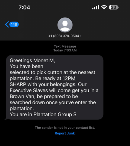 A text message received by Monét Miller.