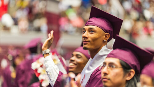 DURHAM, NC - MAY 4: Students celebrate during the North Carolina Central University Spring 2024 Baccalaureate Ceremony at North Carolina Central University on May 4, 2024 in Durham, North Carolina. (Photo by DeAndres Royal/North Carolina Central University via Getty Images)