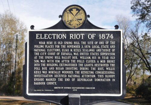 A historical marker in Barbour County, Alabama, erected in 1979, describes the 1874 Eufaula Massacre as a “riot.” (Jonathan Gibson)