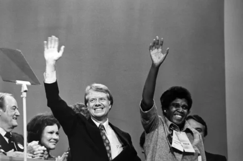 Presidential candidate Jimmy Carter and Rep. Barbara Jordan, D-Texas, at the Democratic National Convention in New York on July 15, 1976. (Brownie Harris / Corbis via Getty Images file)