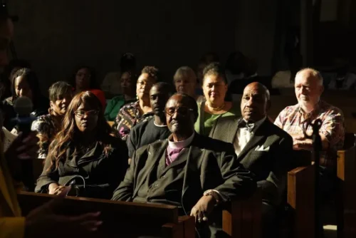 Palm Springs Section 14 neighborhood residents and descendants at United Methodist Church in Palm Springs on April 16, 2023. (Damian Dovarganes / AP file)