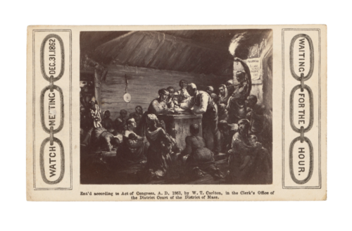 Waiting for the Hour:
Carte-de-visite of an emancipation watch night meeting 1863 (Collection of the Smithsonian National Museum of African American History and Culture)