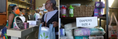 From left, Kiki Williams, manager of Octavia's Bookshelf speaks to a person, in Pasadena, Calif., on Thursday; A shelf of donations available to the public. (NBC News)