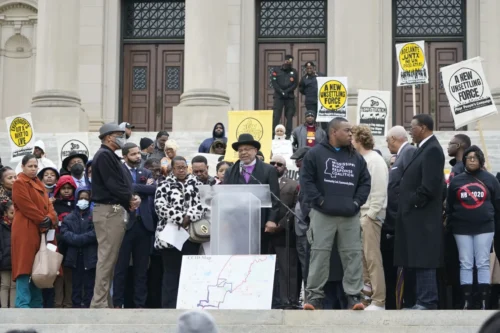 More than 200 people gather at the Mississippi Capitol last year to protest legislation that expands the patrol territory for the state-run Capitol Police within the majority-Black city of Jackson and creates a new court system with appointed rather than elected judges. (Rogelio V. Solis/Associated Press)
