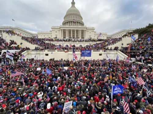 US President Donald Trumps supporters gather outside the Capitol building in Washington D.C., United States on January 06, 2021. Pro-Trump rioters stormed the US Capitol as lawmakers were set to sign off Wednesday on President-elect Joe Biden's electoral victory in what was supposed to be a routine process headed to Inauguration Day. (Photo by Tayfun Coskun/Anadolu Agency via Getty Images)