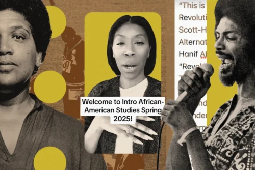 Professor Leah Barlow's post for her students, running down the course plan for her Introduction to African American Studies class, including work from Audre Lorde, left, and Gil Scott-Heron right, turned into a TikTok phenomenon.  (Leila Register / NBC News; Getty Images; TikTok)