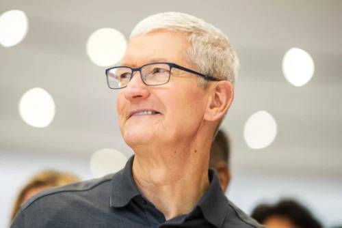 Apple CEO Tim Cook at a launch event at Apple Park in Cupertino, Calif., in 2023. (Nic Coury / AFP / Getty Images file)