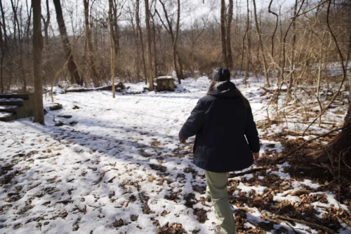 Summit Metro Parks cultural resources specialist Charlotte Gintert walks up to the site of what was once the home of Victor and Esther Johnson in what is now in Cascade Valley Metro Park in Akron.
