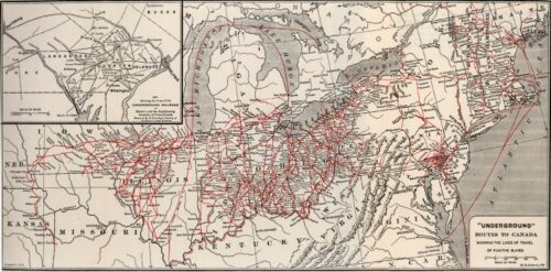 Routes to Canada via the Underground Railroad (https://lccn.loc.gov/68003375 Siebert, Wilbur Henry, 1866-1961. The underground railroad from slavery to freedom. With an introd. by Albert Bushnell Hart. Gloucester, Mass., P. Smith, 1968 [c1898] xxvi, 478 p. illus., facsim., fold. map, ports. 21 cm. E450 .S57 1968, Public domain, via Wikimedia Commons)