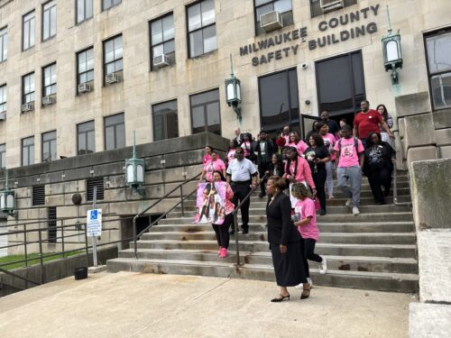 IMG_7455-scaled A group of supporters and family of Sade Robinson, who was murdered, gathered of the Milwaukee County Courthouse on June 6, 2025. (Evan Casey/WPR)