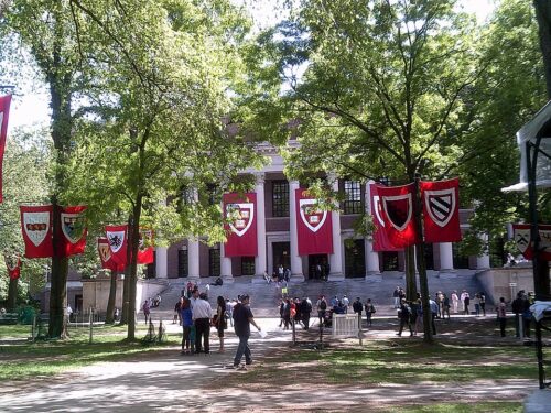 Digital Camera Harvard University yard, with trees and banners