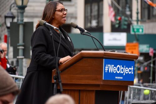 People’s_Filibuster_New_York_City_NYC_Public_Advocate_Tish_James_(32940415544) Letitia James speaking at a podium