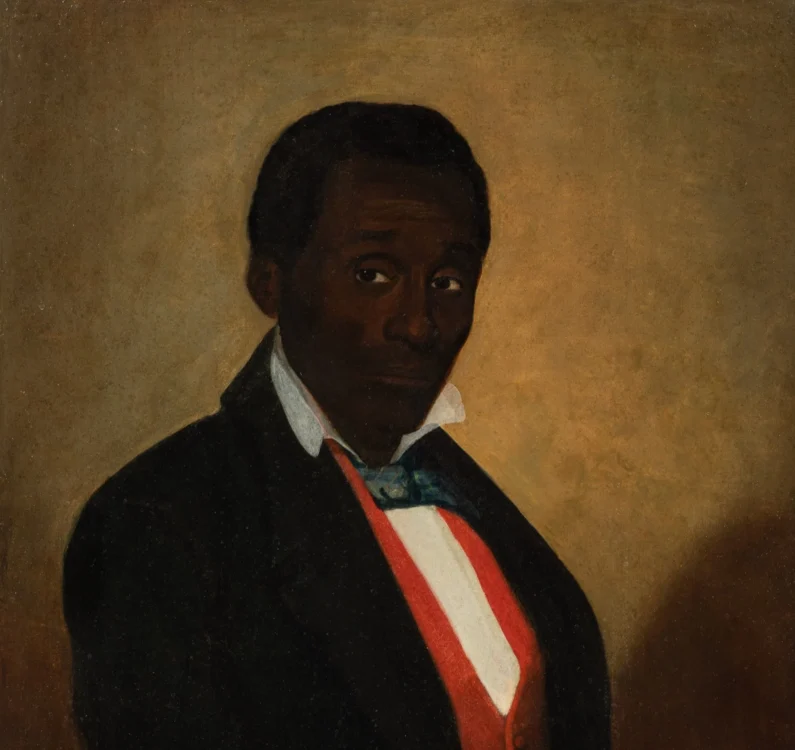 Painted portrait of an enslaved Black man in a suit named Frederick