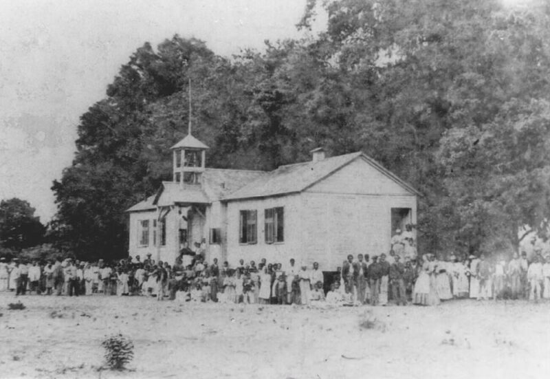 Black and white photo of a school